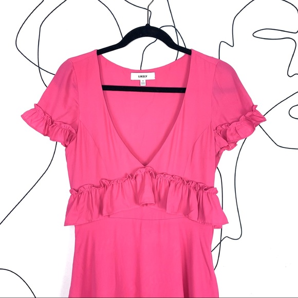 Likely Brason Pink Ruffle Trim V Neck Cap Sleeve Mini Dress Size 8 - Picture 4 of 7